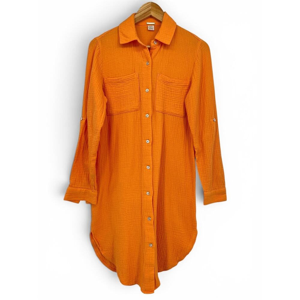 Magaschoni Organic Cotton Long sleeve Collared Orange Casual Midi Shirt Dress XS